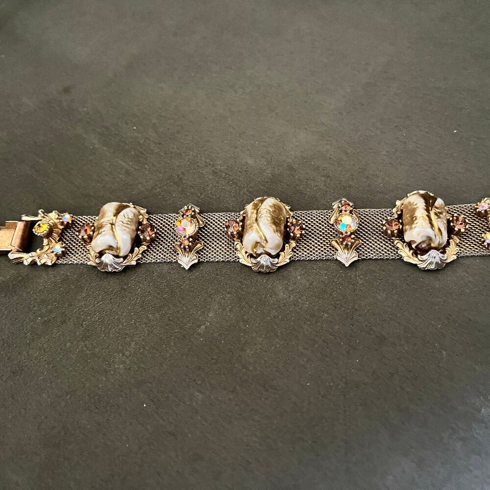 Vintage Gold Tone Mesh Faux Pearl and Rhinestone Bracelet - Picture 16 of 16
